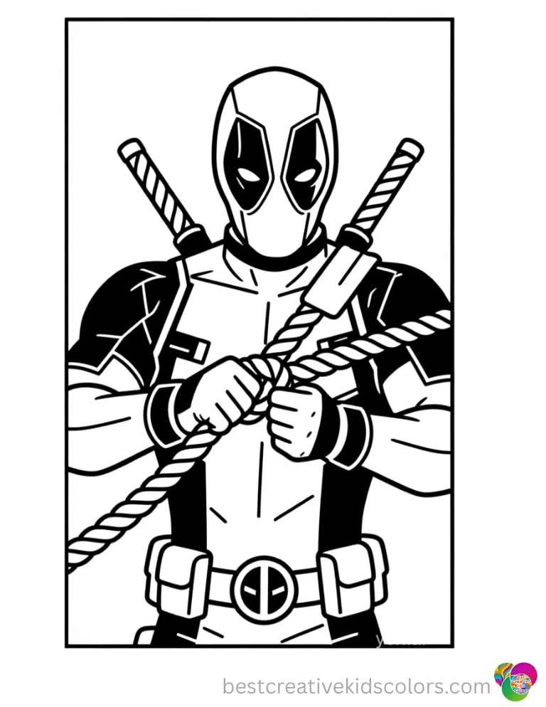 The masked hero ties a thick knot securely in a heavy rope in coloring page deadpool.