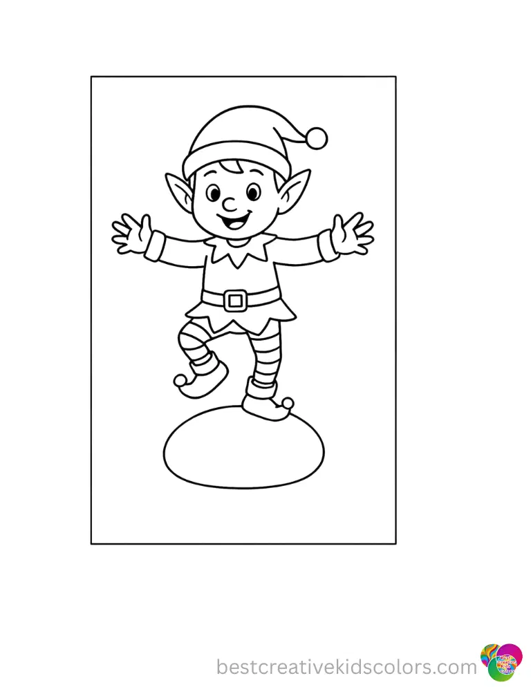 coloring page elf shows the cheerful elf safely balancing on top of a smooth pebble.
