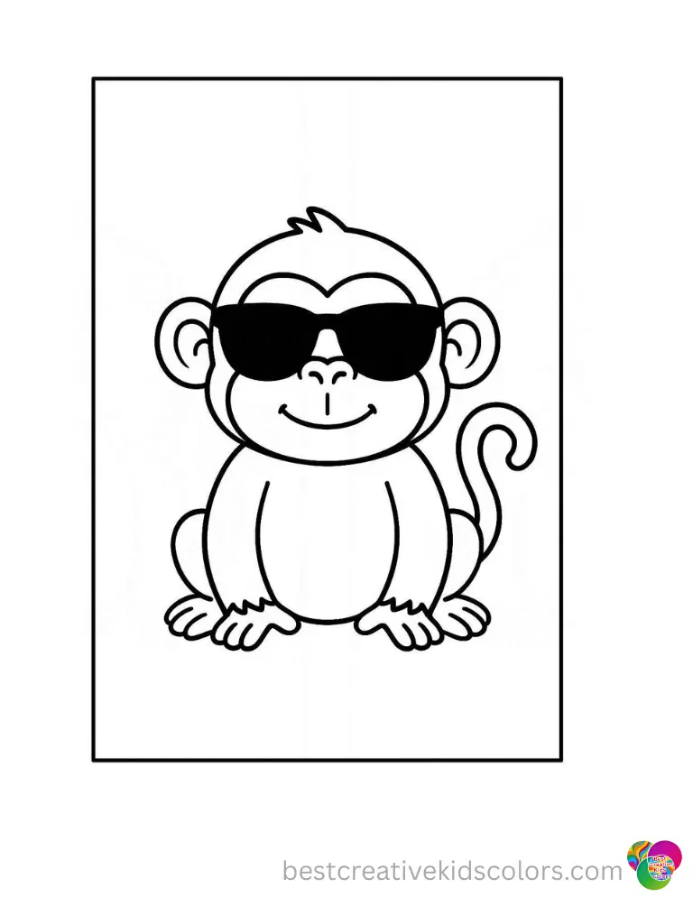 coloring page of a monkey displays the cute primate wearing dark black sunglasses.