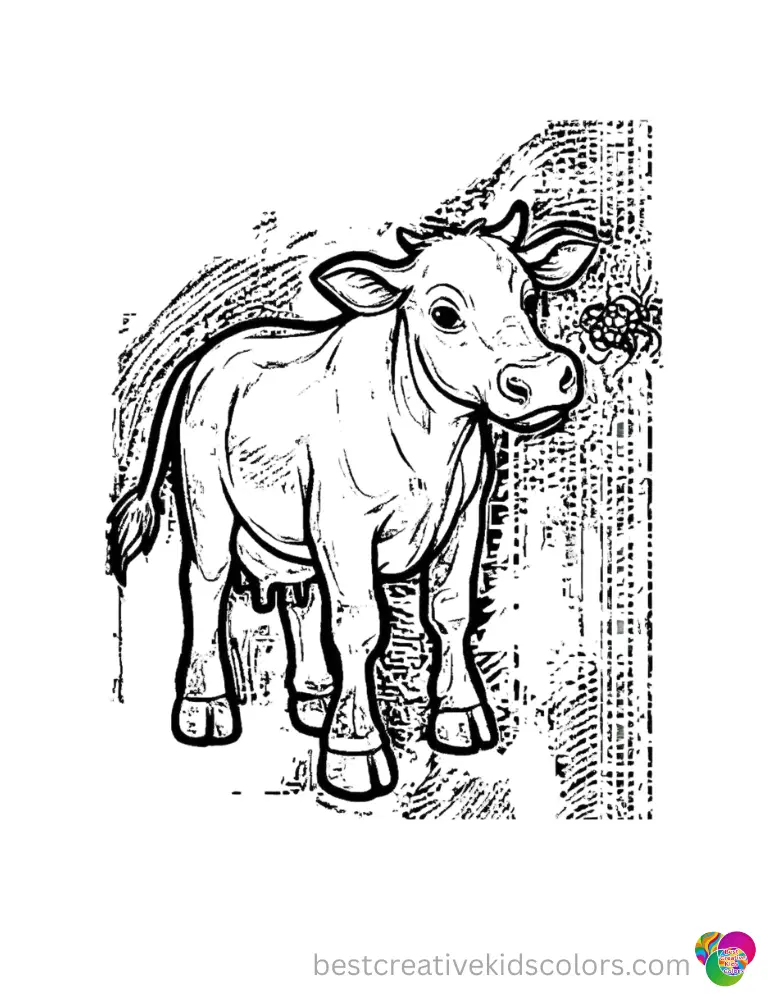 coloring page of cows displays an animal looking closely at a small flying ladybug.