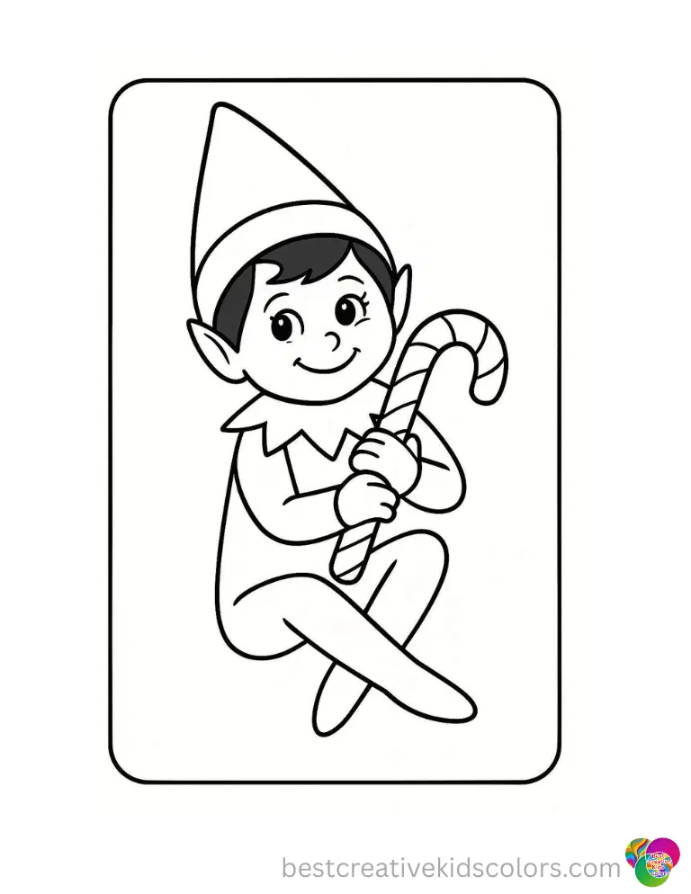 coloring page of elf on the shelf features the smiling elf hugging a tiny candy cane.