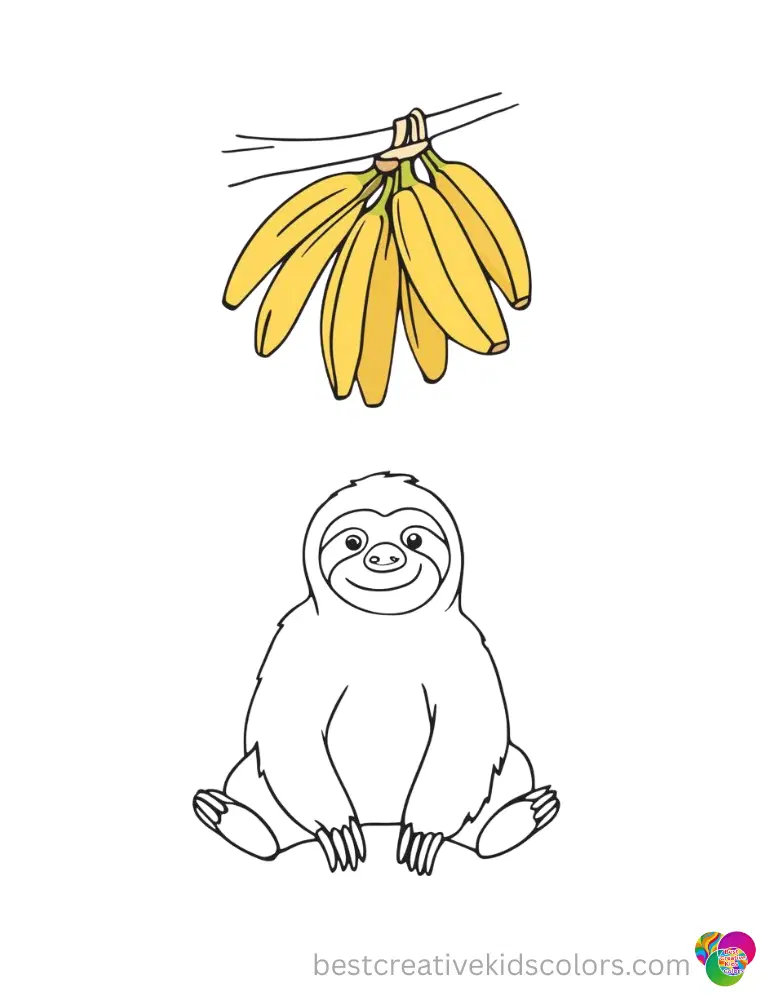 coloring page sloth reveals a bunch of ripe yellow plantains hanging up very high.