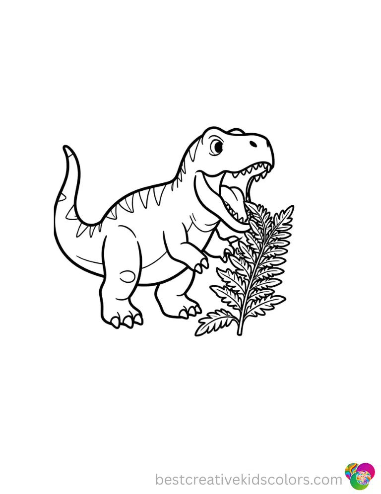 coloring pages cute dinosaurs shows a giant reptile munching loudly on a green fern.