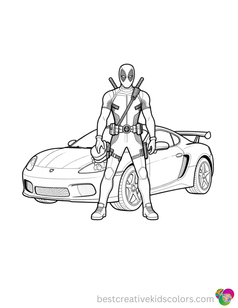 coloring pages deadpool features a brave hero washing a filthy sports car with a sponge.