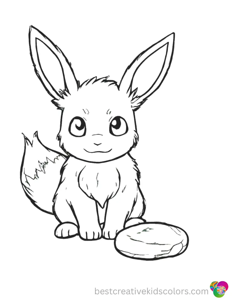 coloring pages eevee shows a sweet furry monster sitting near a smooth round stone.