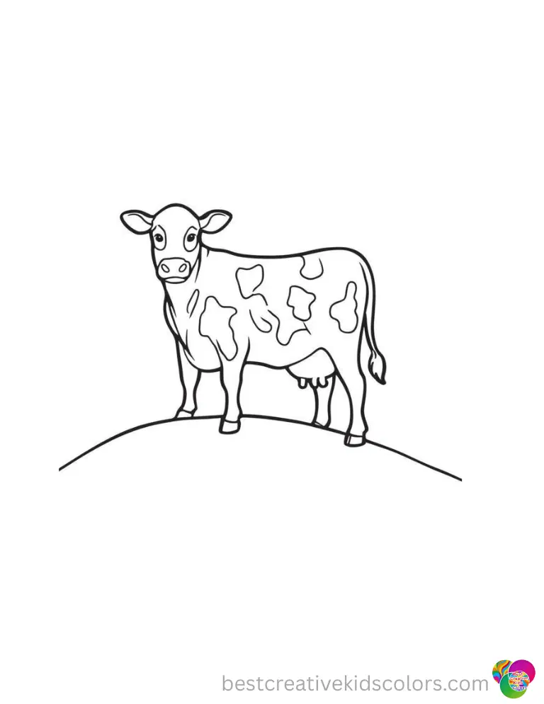 coloring pages for cow features a spotted animal standing proudly on a high hill.