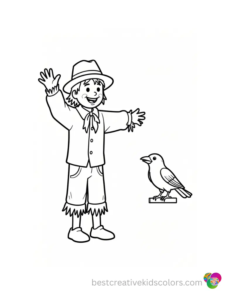 An old scarecrow in coloring pages for fall waves happily to a passing black crow.