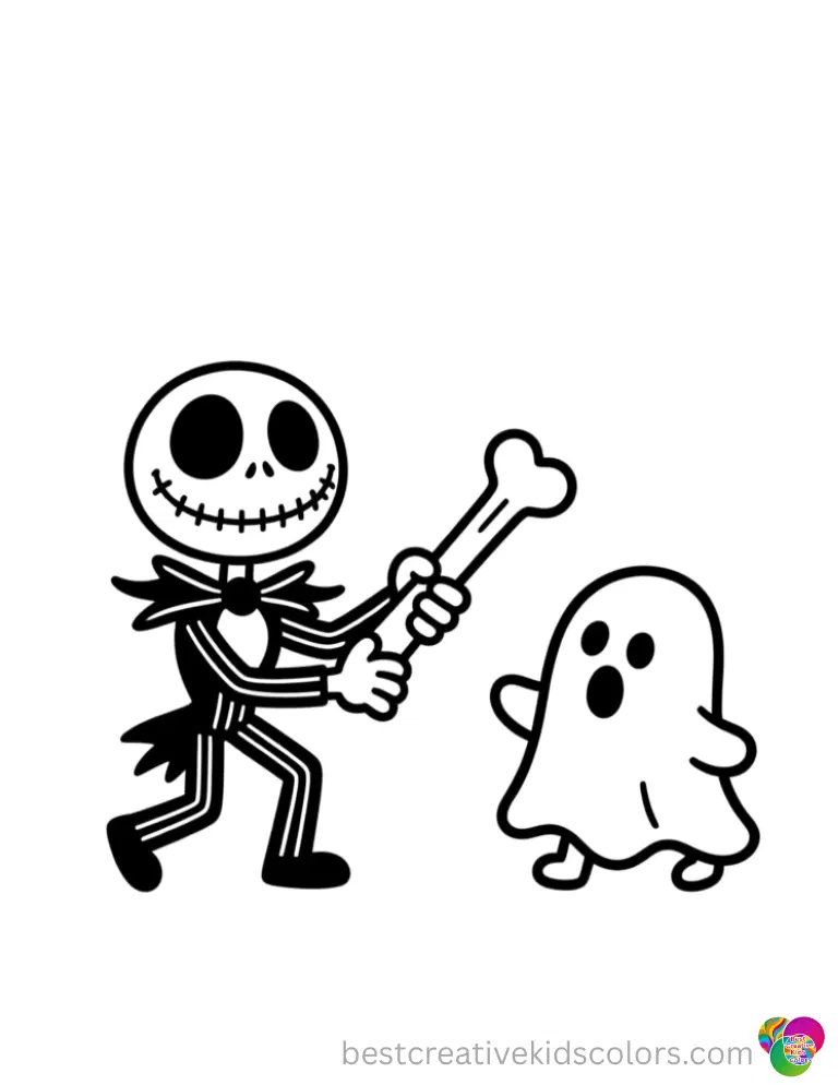 coloring pages for nightmare before christmas show Jack Skellington using a bone to play catch with Zero.