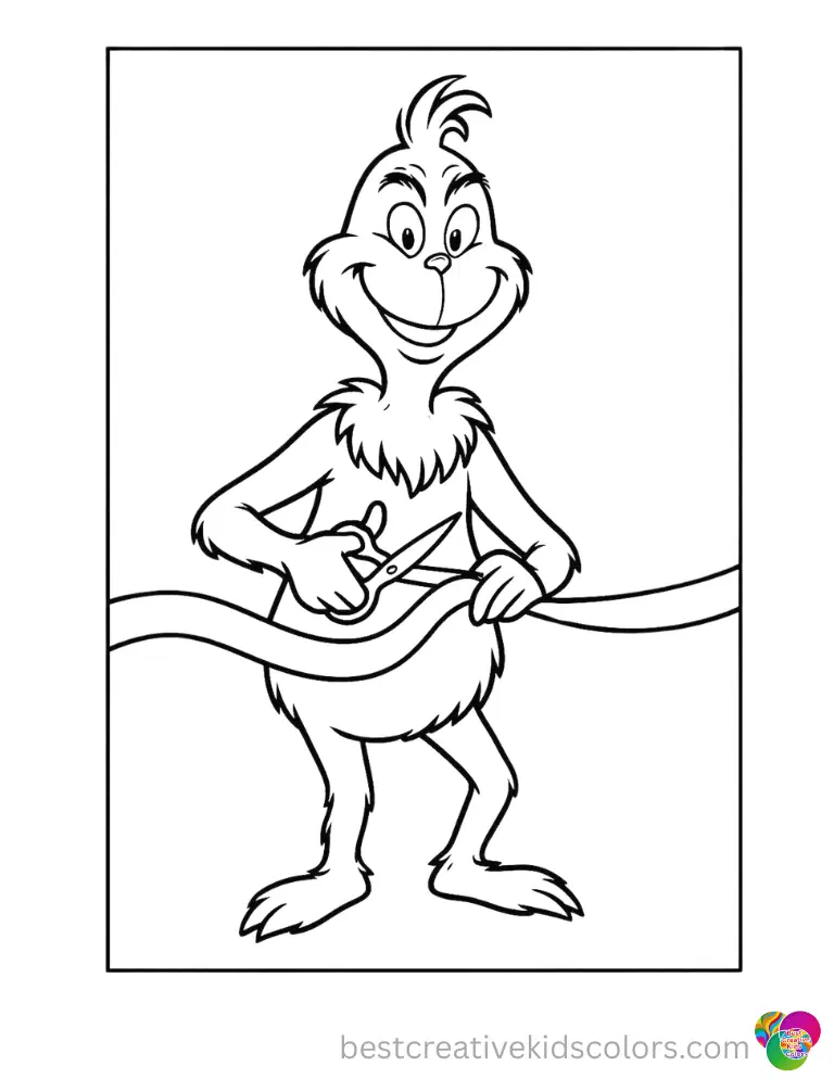 A happy grinch inside coloring pages grinch safely cuts a long red ribbon neatly.