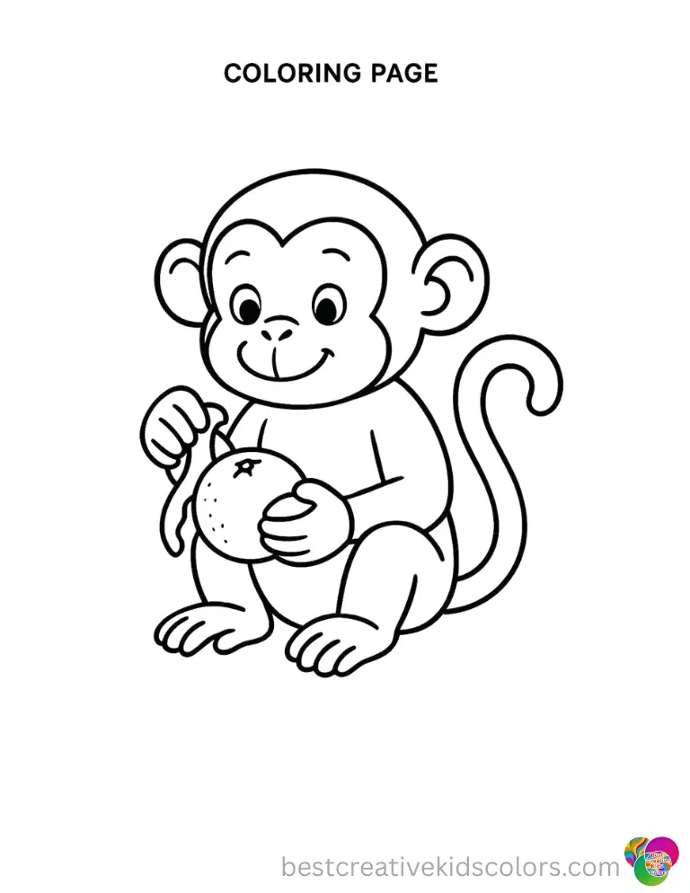 coloring pages of a monkey shows the little primate peeling a fresh sweet orange.