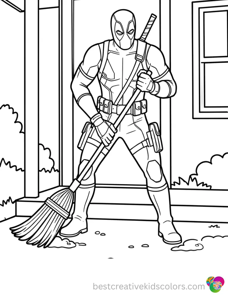 The brave hero in coloring pages of deadpool sweeps a dusty porch with a broom.