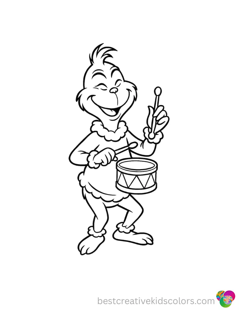 coloring pages of grinch features the joyful grinch tapping a tiny wooden drum now.