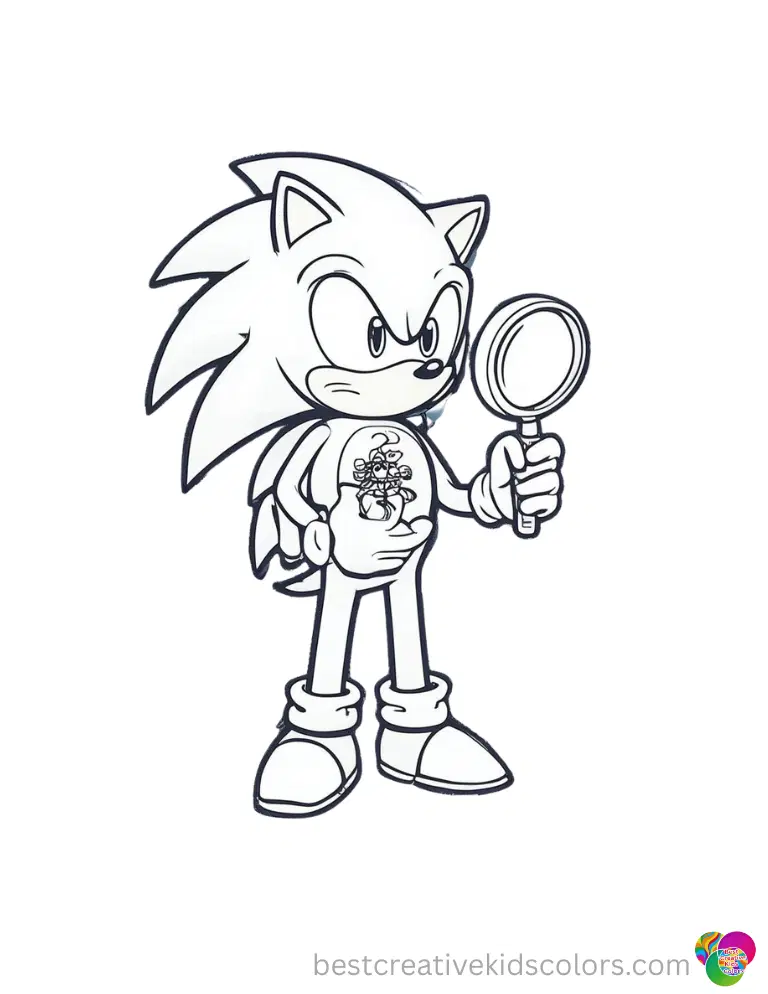 Sonic uses a magnifying glass to inspect a tiny mechanical bug in coloring pages of sonic.