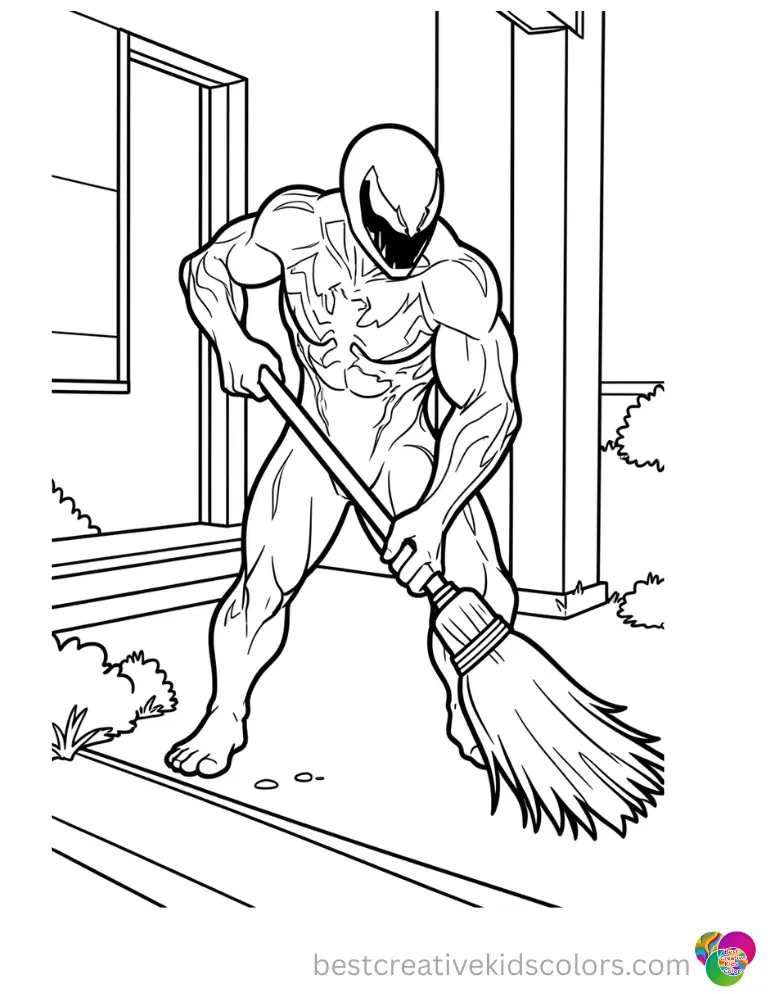 coloring pages of venom show him sweeping the dusty porch with a large straw broom.