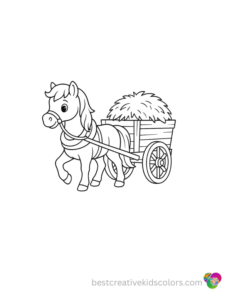 A pony uses a leather draft collar to pull a wooden wagon filled with hay in these coloring pages pony.