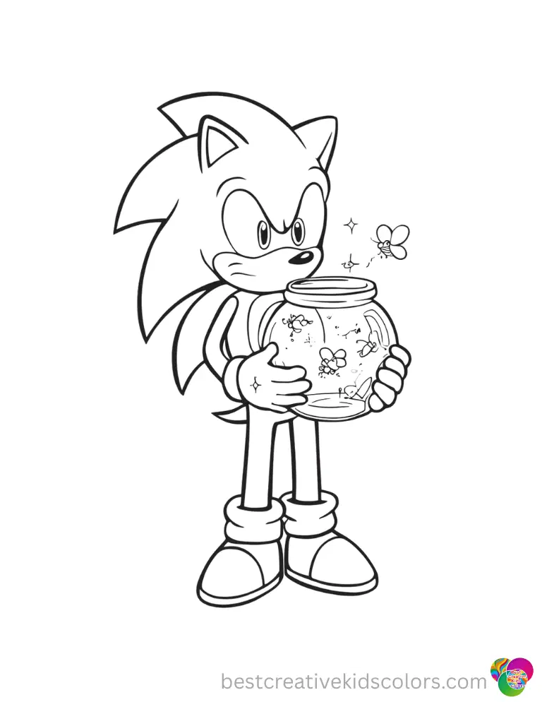 Sonic uses a glass jar to collect sparkling fireflies at night in coloring pages sonic the hedgehog.