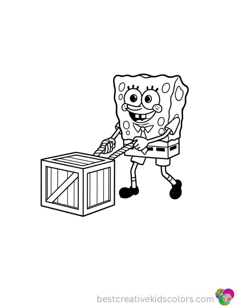 SpongeBob uses a thick hemp rope to pull a wooden crate across the floor in coloring pages spongebob squarepants.