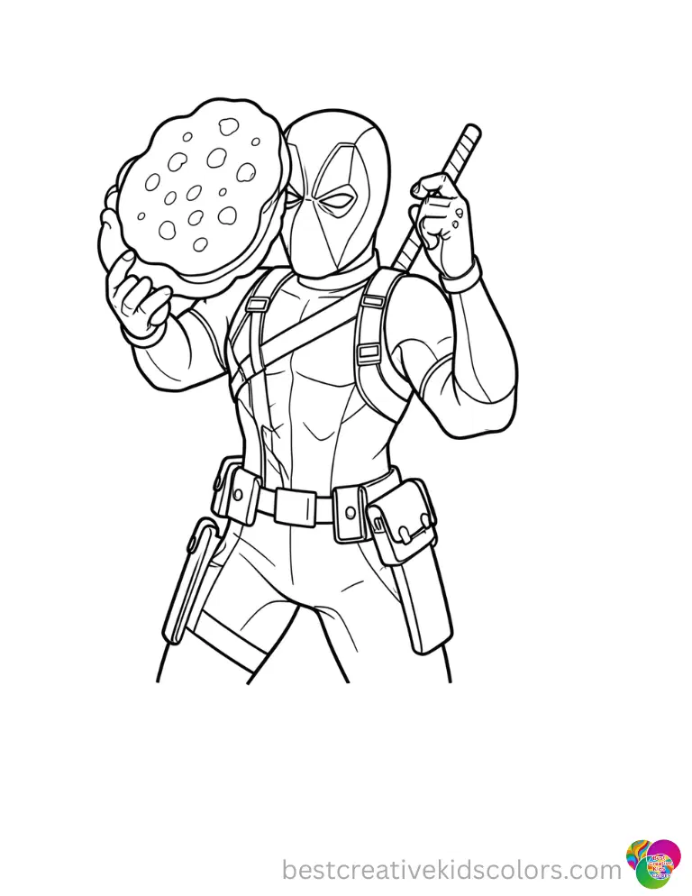 coloring pictures of deadpool shows the masked hero flipping a fluffy pancake safely.