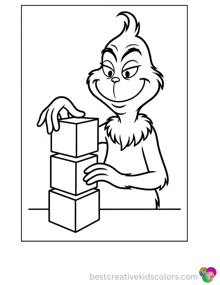 A smiling grinch carefully stacks three wooden blocks today in coloring sheets grinch.