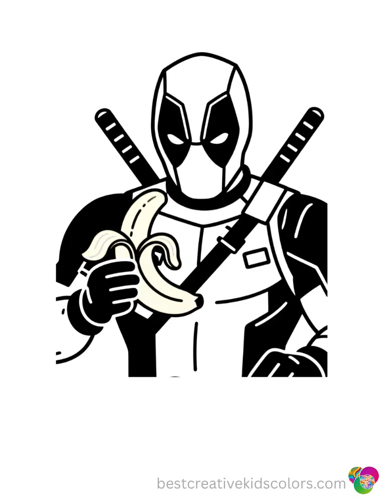 A superhero in colouring pages deadpool peels a ripe yellow banana for breakfast.