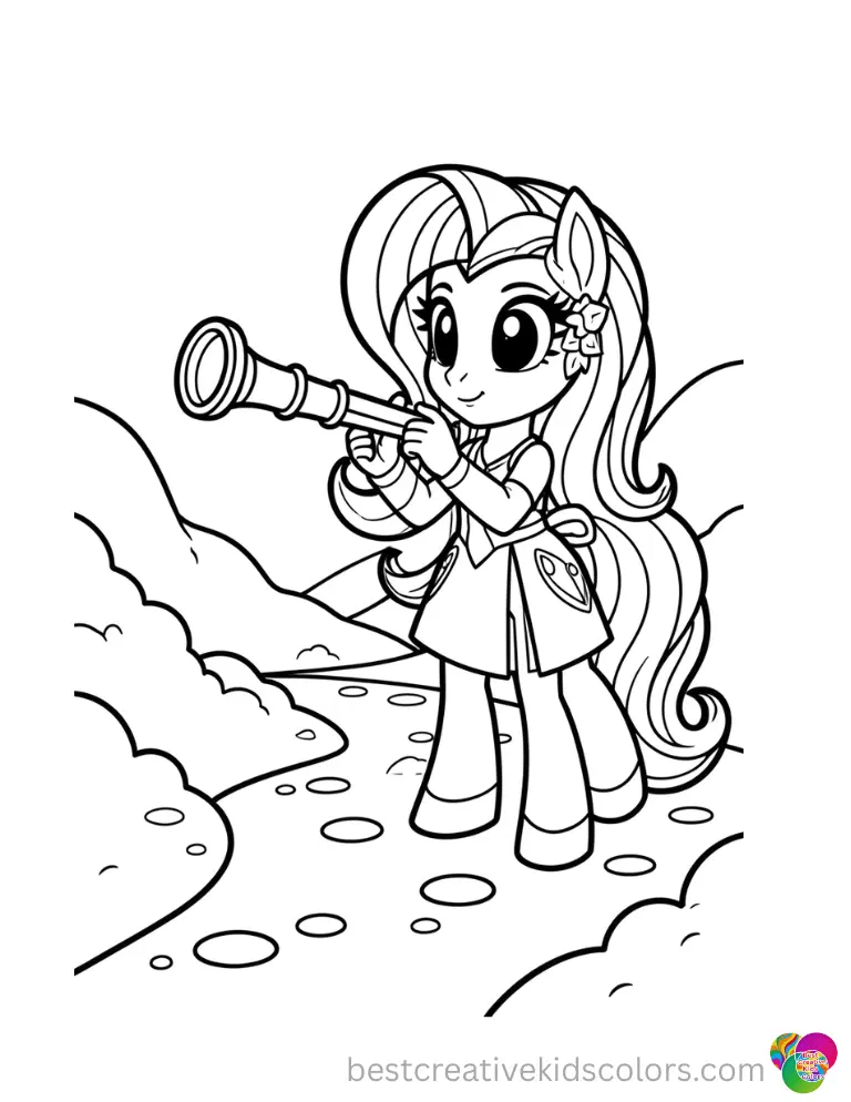 colouring pages mlp show Twilight Sparkle using a brass sextant to navigate a dusty trail.