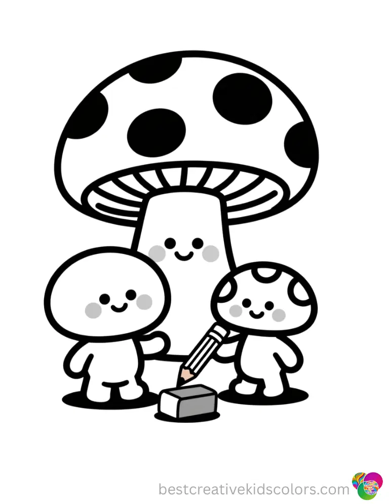 A clean rubber eraser strongly rubs a stray pencil mark away in colouring pages mushrooms.