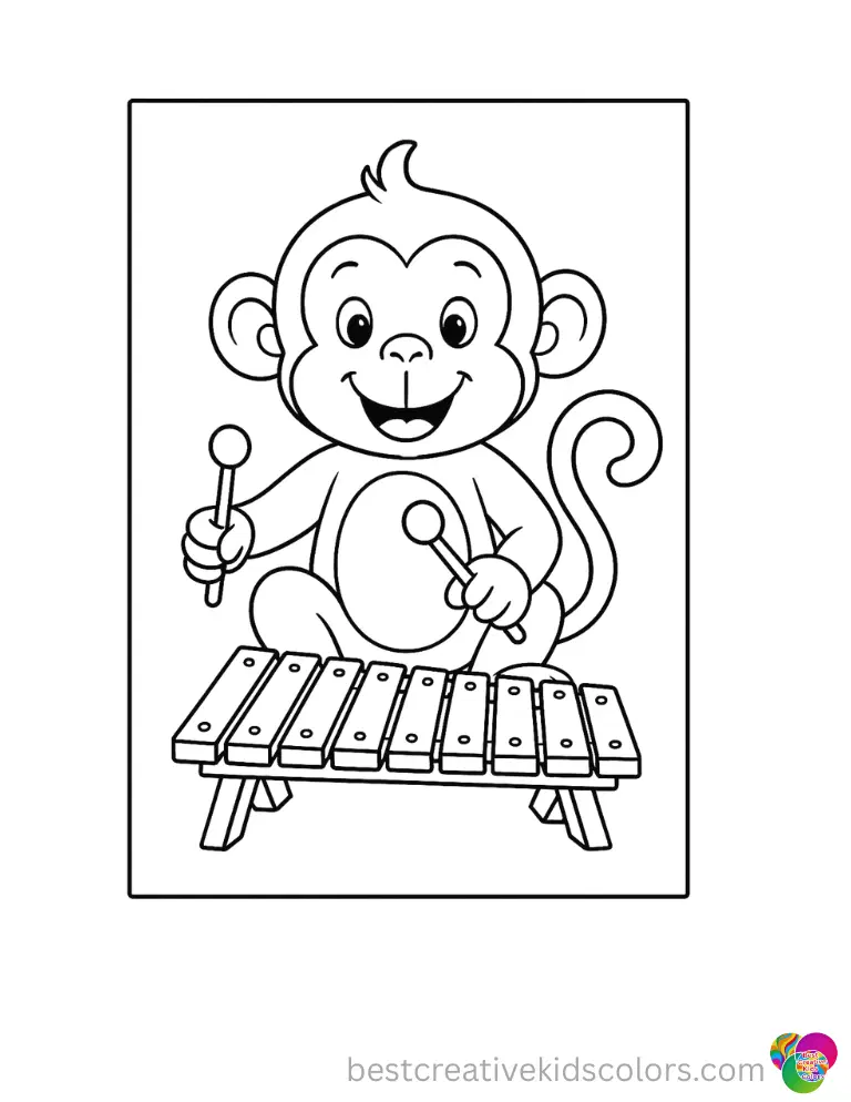 colouring pages of monkeys features a happy animal playing a wooden xylophone.