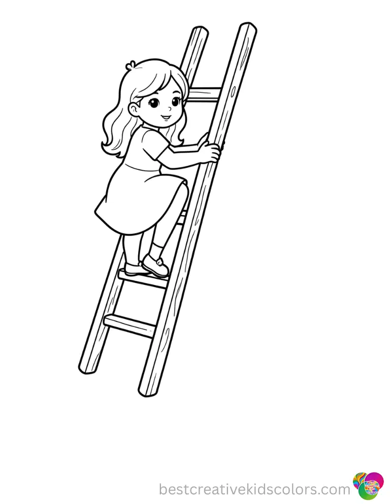 A brave botanical beauty climbs a tall wooden ladder in colouring pages roses.