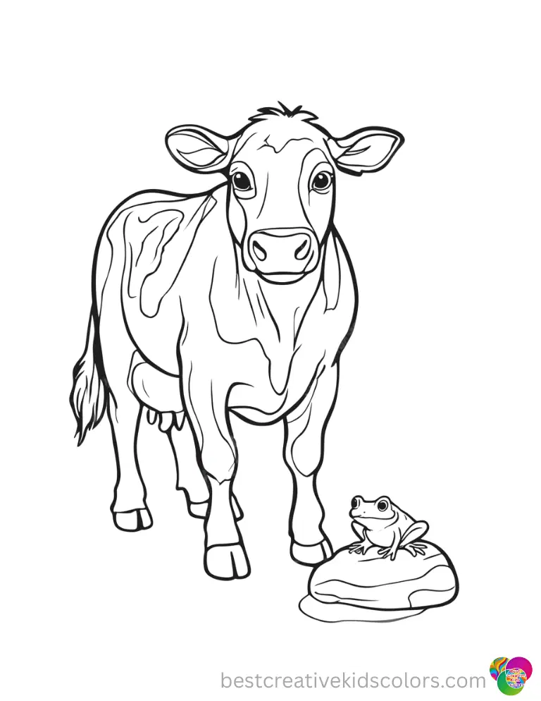 A small green frog sits quietly on a rock near a farm animal in cow colouring in page.