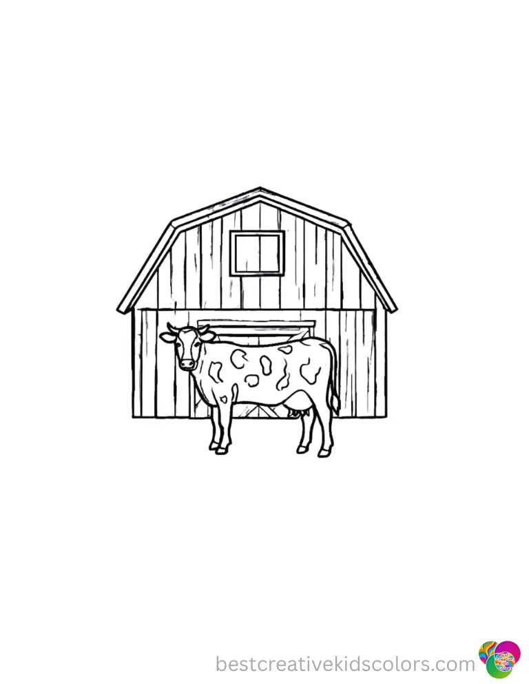 A large wooden barn stands firmly behind a spotted animal in cows coloring page.