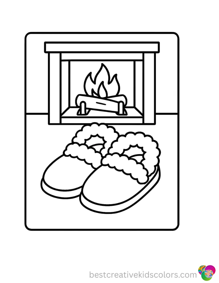 cozy coloring pages printable A fluffy pair of warm slippers in cozy coloring pages printable waits by the fire.