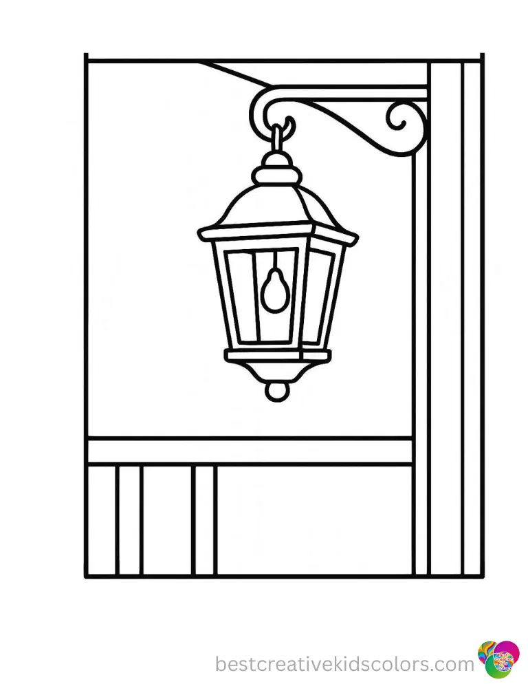 cozy colouring book pages A bright lantern hangs on a quiet front porch in these cozy colouring book pages.