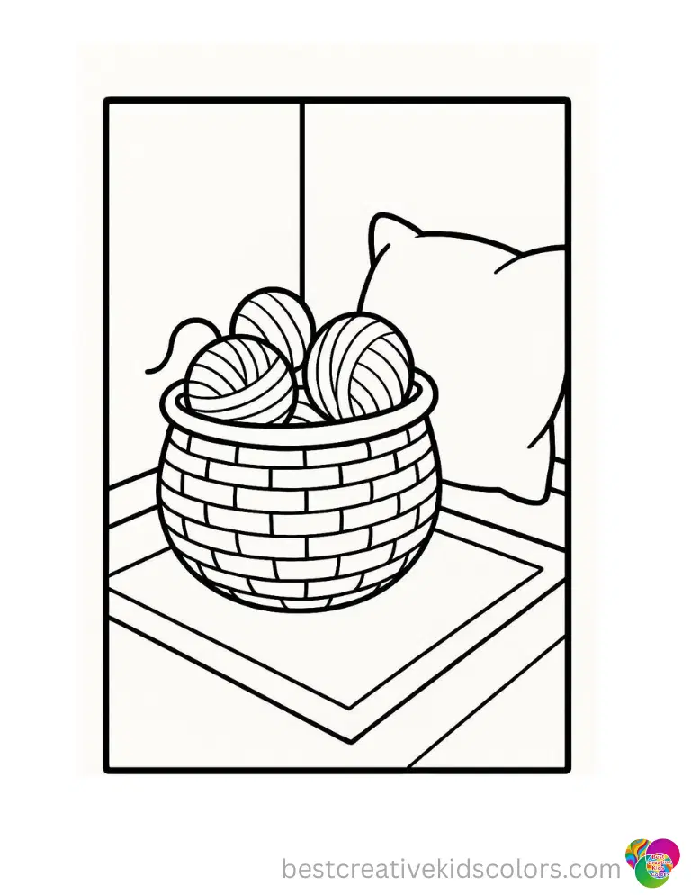 cozy corner coloring page A woven basket filled with soft yarn balls sits in this cozy corner coloring page.