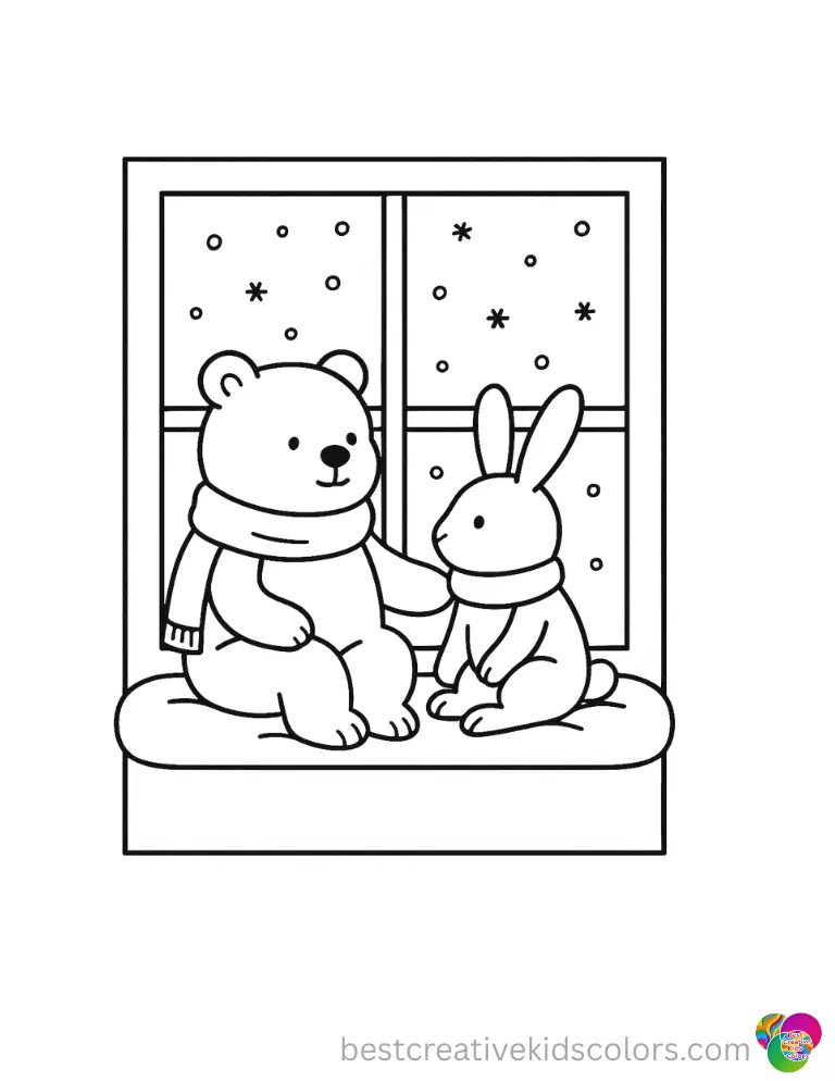cozy friends coloring pages cozy friends coloring pages features a quiet window showing soft falling snow outside today.