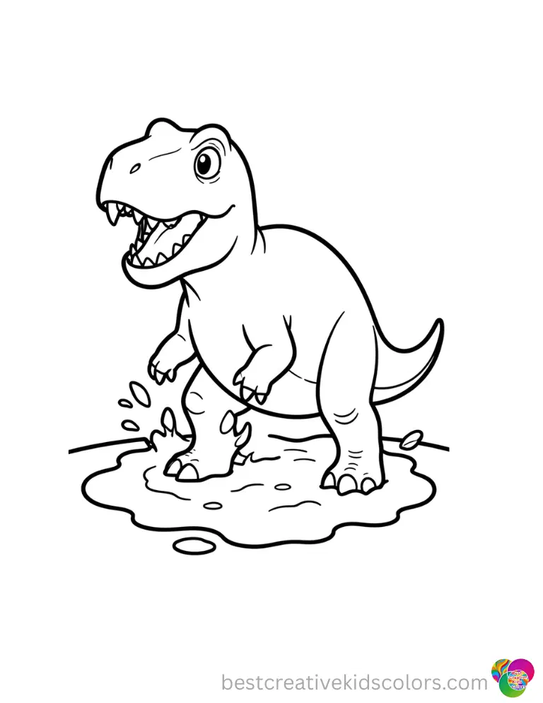 cute coloring pages of dinosaurs features a huge beast stomping a muddy puddle.