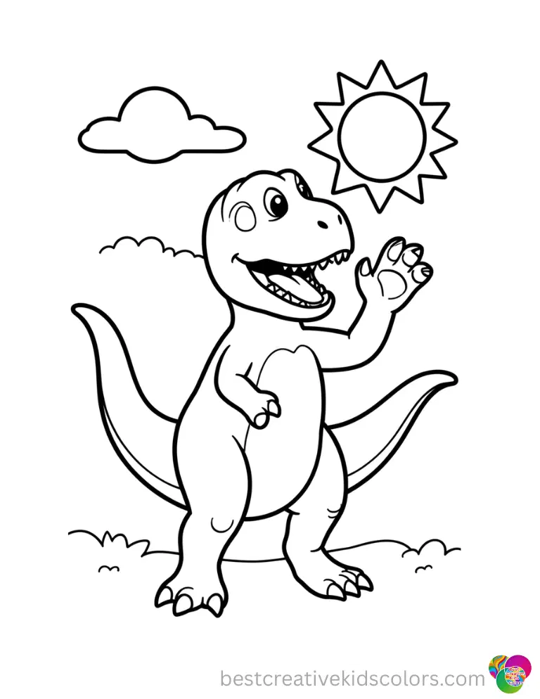 A friendly raptor waves hello to the bright sun in cute dinosaur coloring pages.