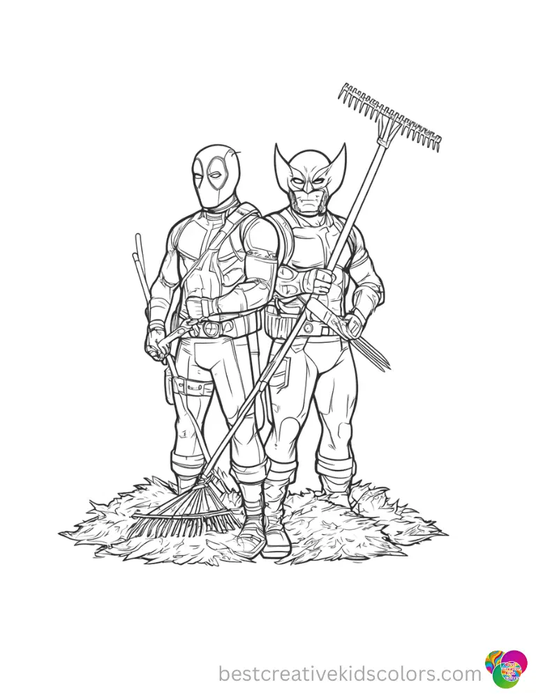deadpool and wolverine coloring pages printable deadpool and wolverine coloring pages printable shows the two heroes raking dry leaves.
