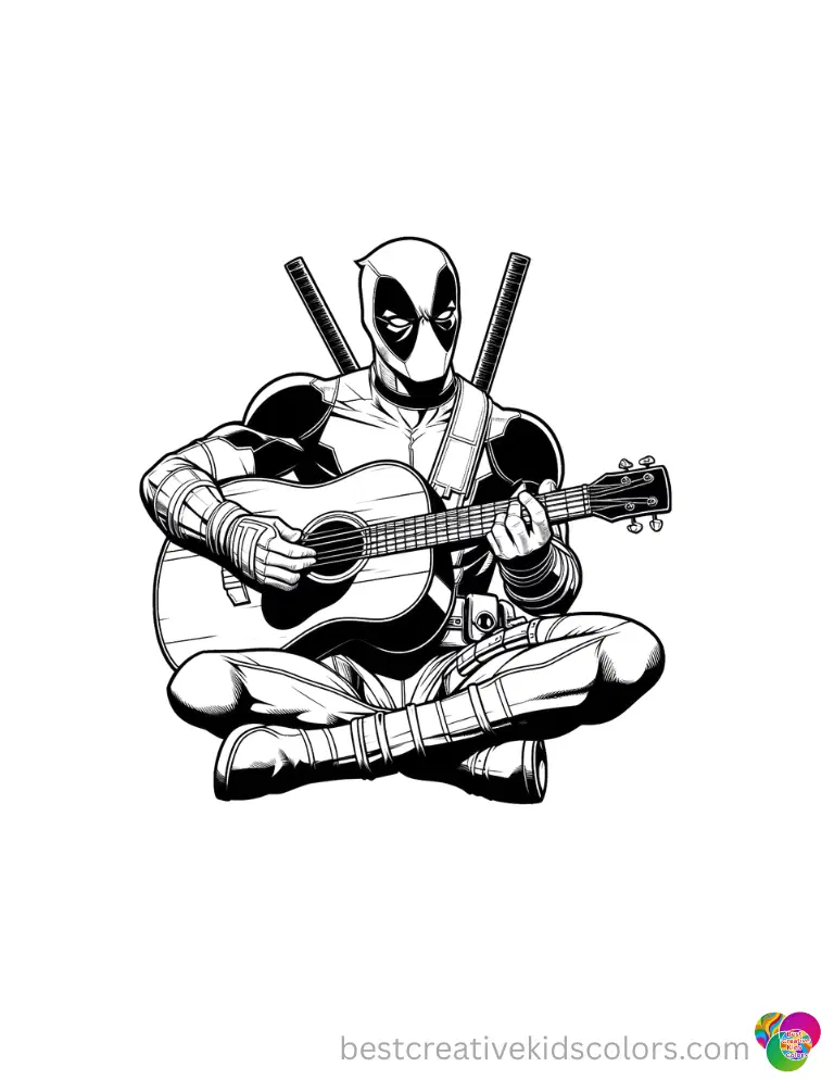 deadpool color pages The masked hero strums a wooden acoustic guitar loudly in deadpool color pages.