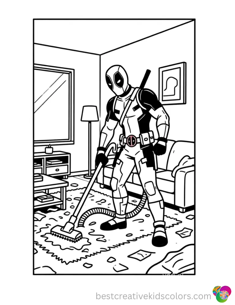 The strong hero vacuums a messy living room entirely in deadpool coloring pages printable.