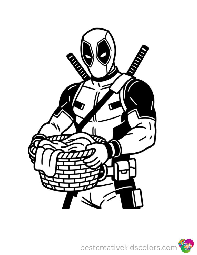 deadpool coloring pages features a masked fighter folding a basket of clean laundry.