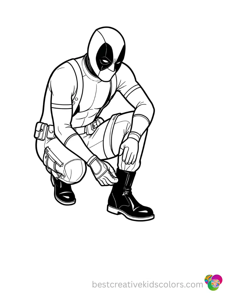 A masked hero polishes his shiny black combat boots in deadpool coloring pictures.