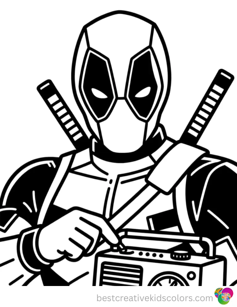 The masked hero in deadpool coloring sheet carefully tunes a vintage radio dial.