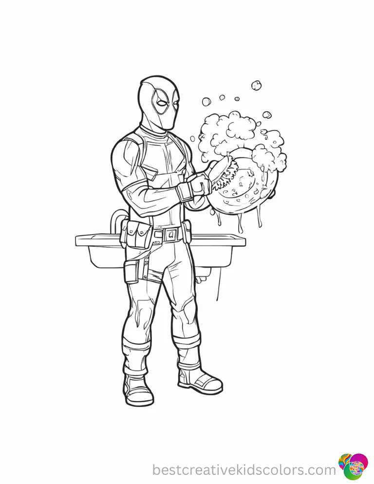 deadpool coloring The masked hero scrubs a dirty dining plate with soapy water in deadpool coloring.