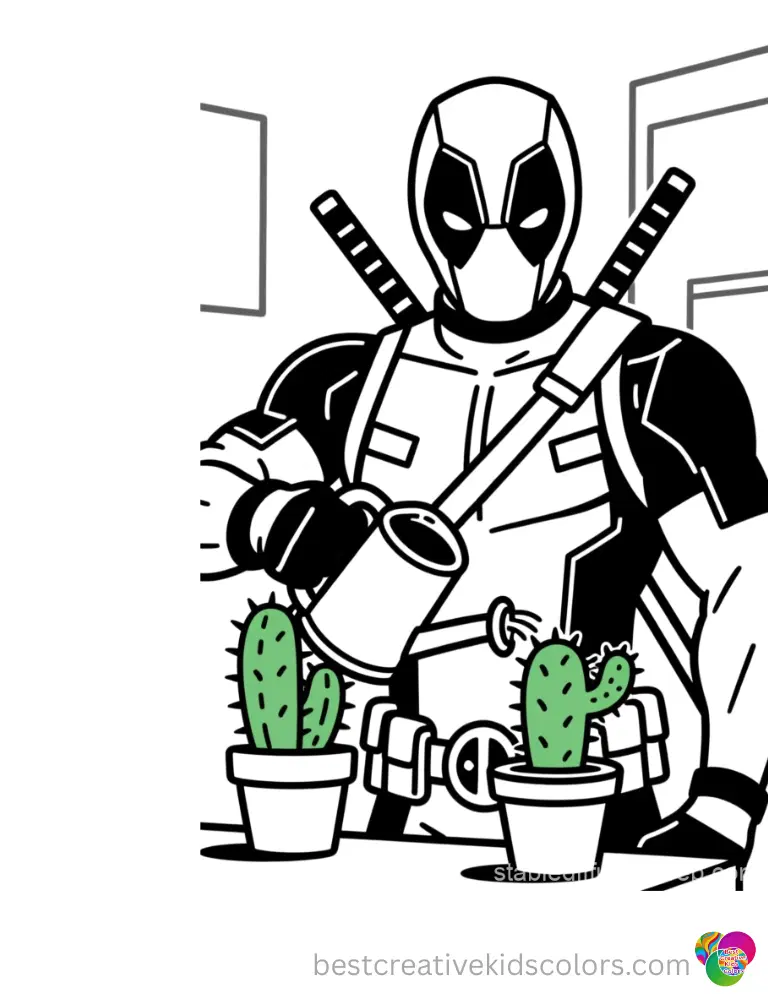 deadpool colouring pages shows the hero watering a prickly green indoor cactus safely.