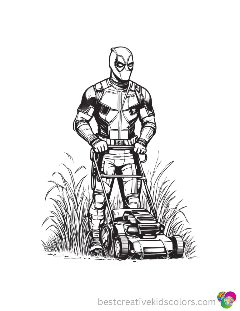 deadpool colouring A masked superhero in deadpool colouring mows the tall green grass outside entirely.