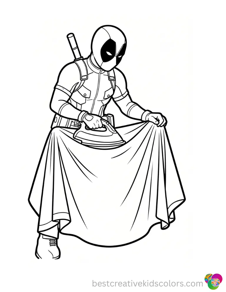 A focused hero irons a wrinkled superhero cape flat in deadpool pictures to color.
