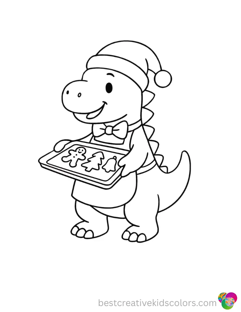 dinosaur christmas coloring page shows a dinosaur baking sweet holiday cookies.