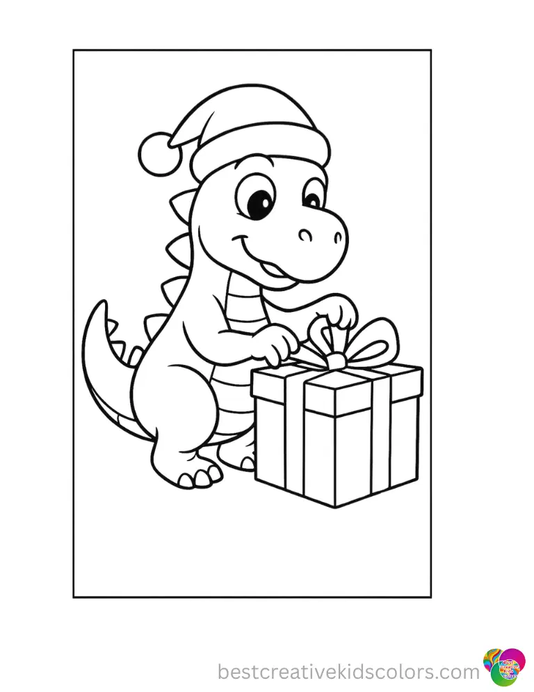 A brave dinosaur carefully unwraps a large square box in dinosaur christmas coloring pages.