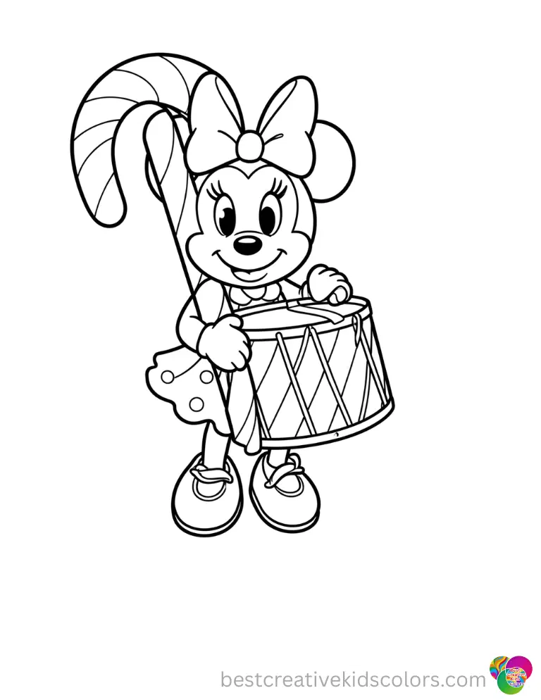 disney xmas colouring pages disney xmas colouring pages featuring Minnie holding a giant peppermint candy cane.