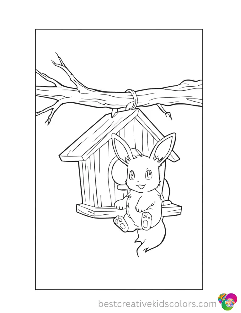 A cozy wooden birdhouse hangs perfectly from an old oak branch in eevee coloring book.
